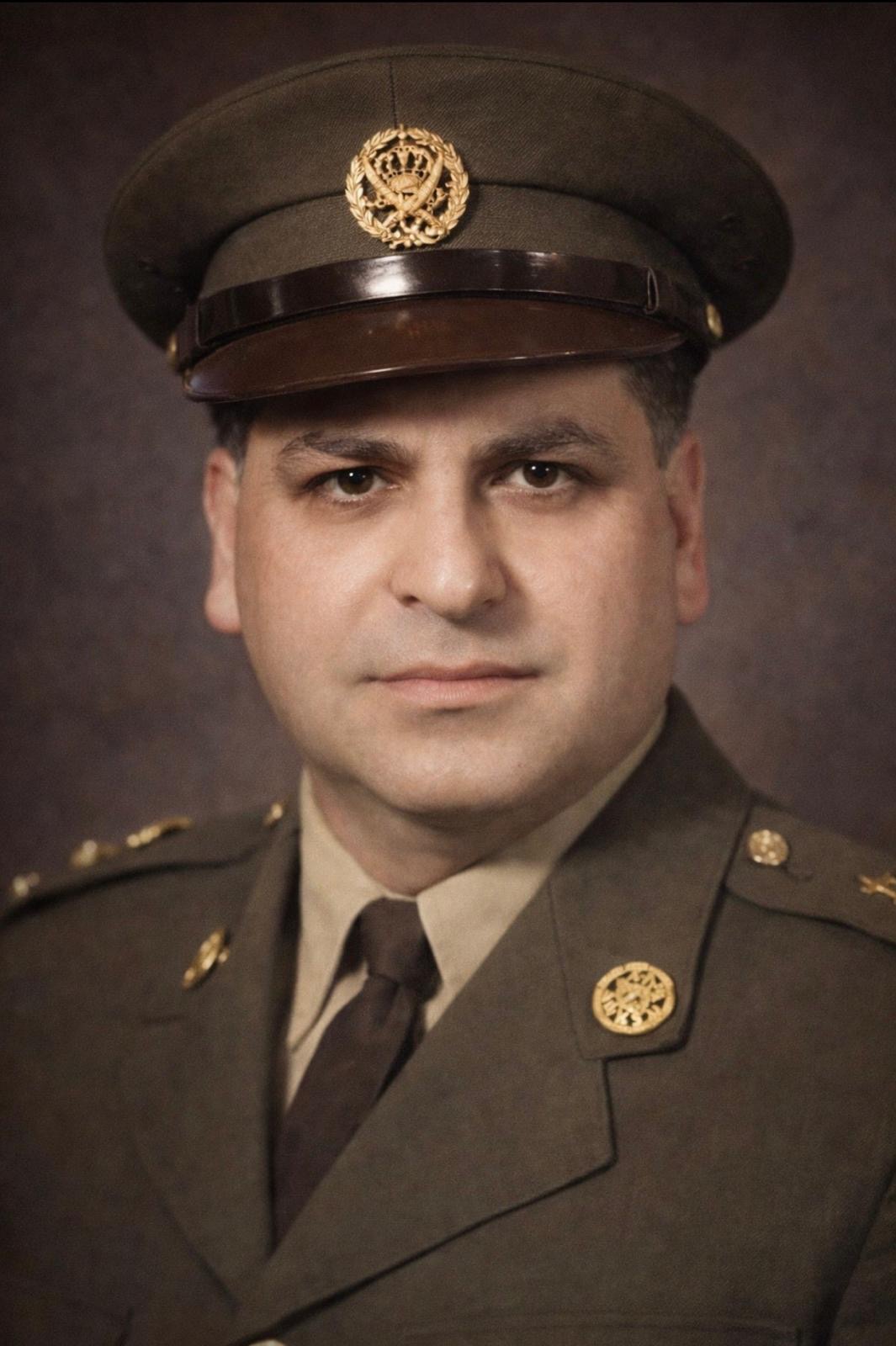 George Khalil Jumean in Royal Jordanian Army officer service dress, with Hashemite royal-crown cap badge.